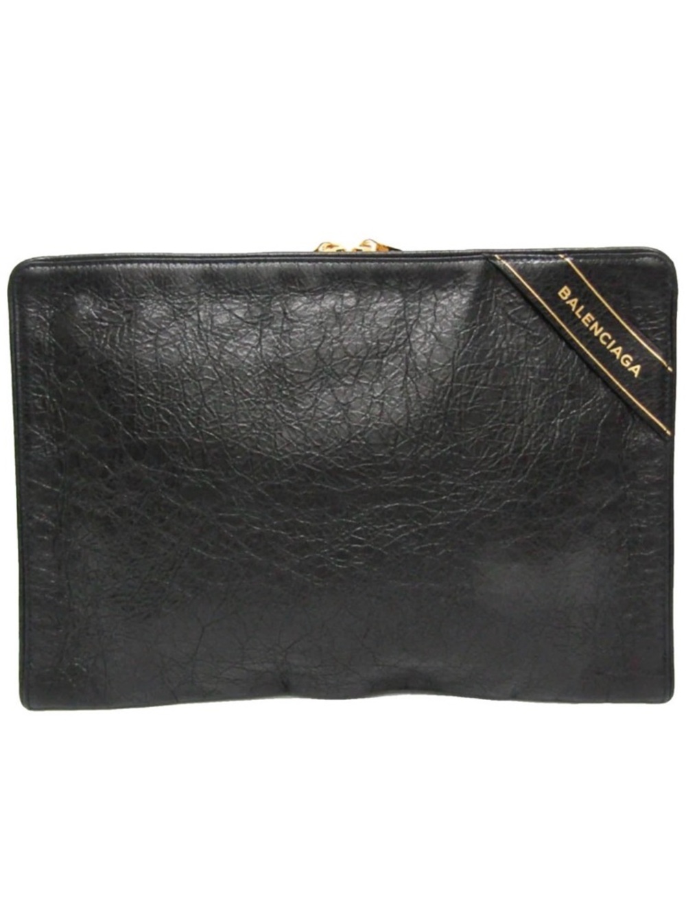 Balenciaga Black Leather Clutch with Gold Logo Accent